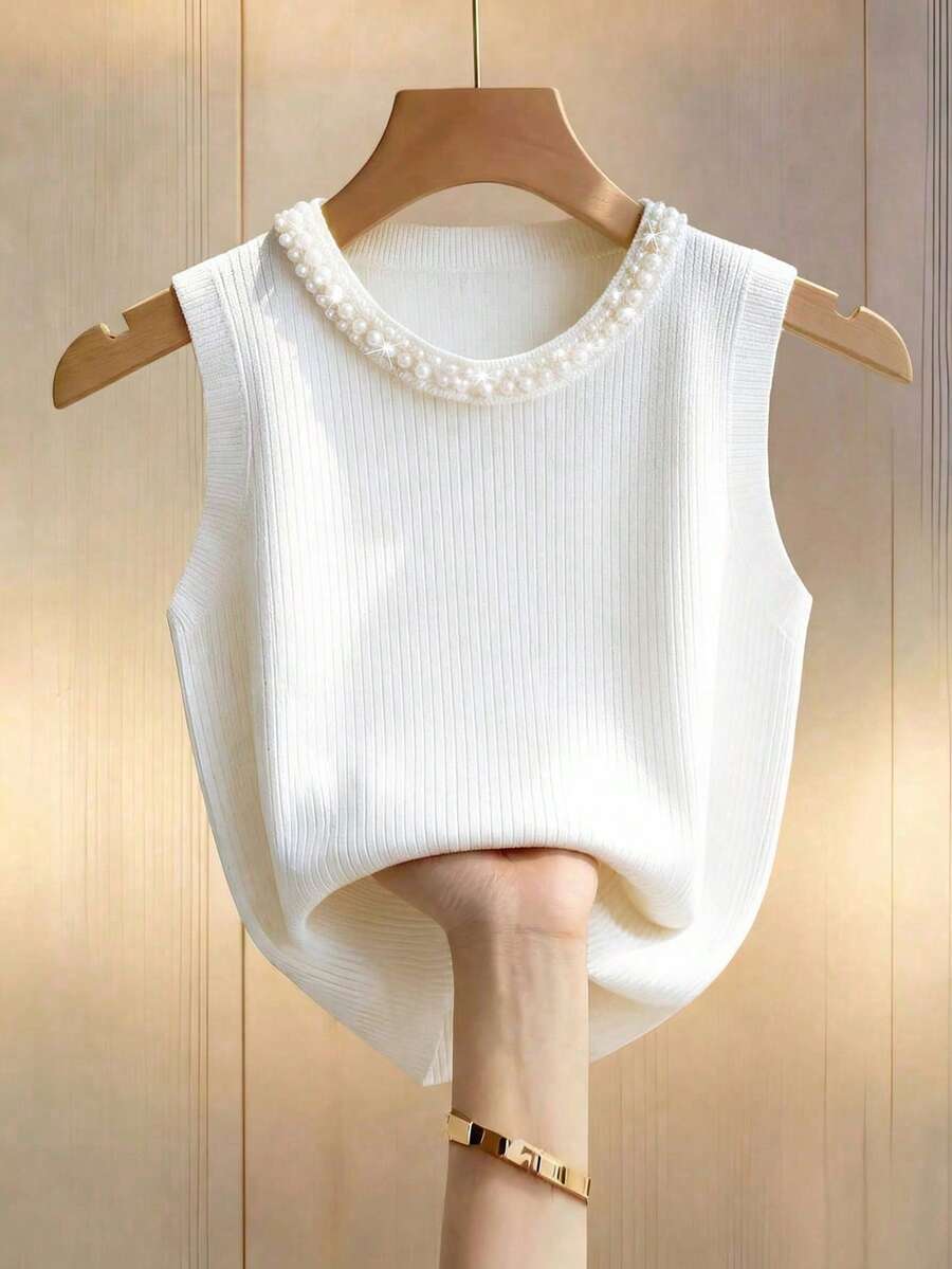 Franclia 新款无袖串珠针织吊带背心，白色，春夏叠穿 - 白色 - 查看 1