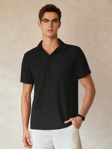 RONVEXI Men Solid Waffle Knit Polo Shirt - Black - View 4