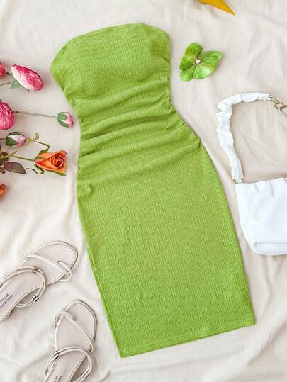Girlism 少女绿色针织纹理修身休闲简约抹胸连衣裙