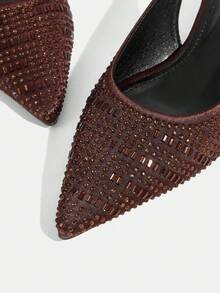 CUCCOO TILAWA 女士尖头低跟粗跟棕色全钻时尚华丽宴会派对女士平底鞋露跟平底鞋女鞋 - 咖啡棕 - 查看 5