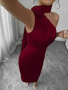 Vestido ajustado elegante y sexy con cuello asimétrico de satén francés, cintura con volantes y flores 3D - Verde - Ver 11