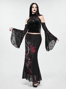 ROMWE Goth Spring/SummergraphicblackDark Academia Chinese Style Hibiscus & Snake Skin Print Bodycon Mermaid Skirt - Black - View 2