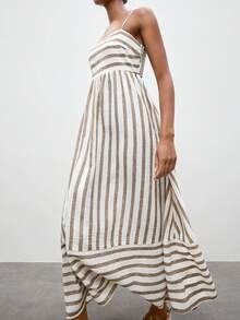 Maija Women's Sleeveless Striped Midi Dress,White And Brown,Summer,Casual,Vacation Beach Outfit,Elegant Easter Dress,Fashionable Spring Holiday Outfits - Apricot - View 5