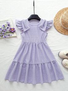 女童镂空针织连衣裙，圆领短袖，松紧腰带，荷叶边下摆，适合通勤、度假、海滩等多种场合。 - 紫色 - 查看 4
