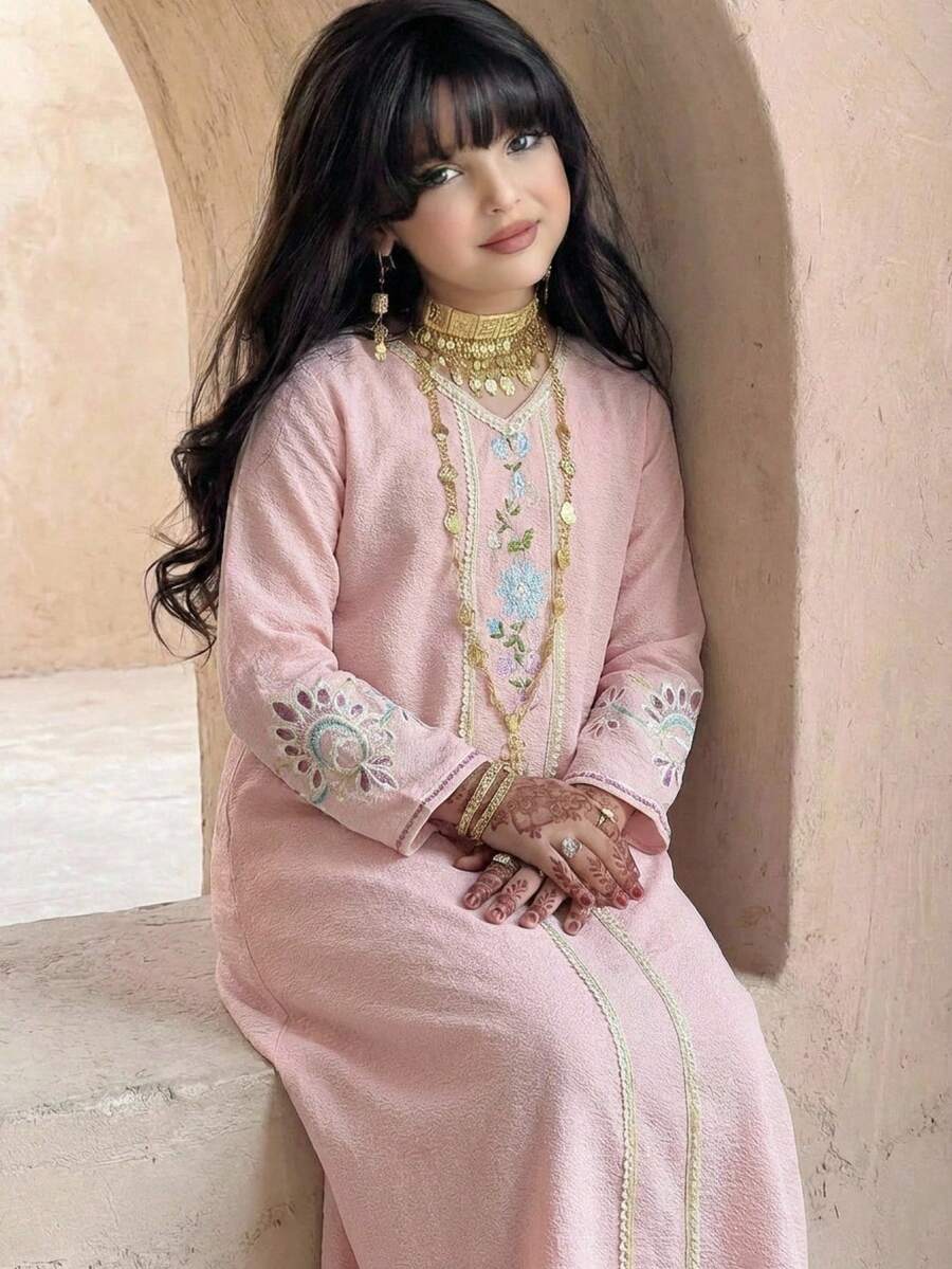 SHEIN 少女花卉刺繡V領長袖洋裝 - 粉色 - 查看 1