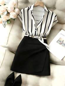 GlowEve CURVE Bộ đồ nữ thường ngày kẻ sọc tay ngắn + chân váy chữ A cạp cao thanh lịch, thích hợp cho công sở, mùa xuân/hè. - Nhiều màu - Xem 1