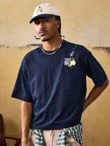 ROMWE MEN Street Life Men's Casual Floral & Letter Print Short Sleeve T-Shirt, Summer - Navy Blue - View 5