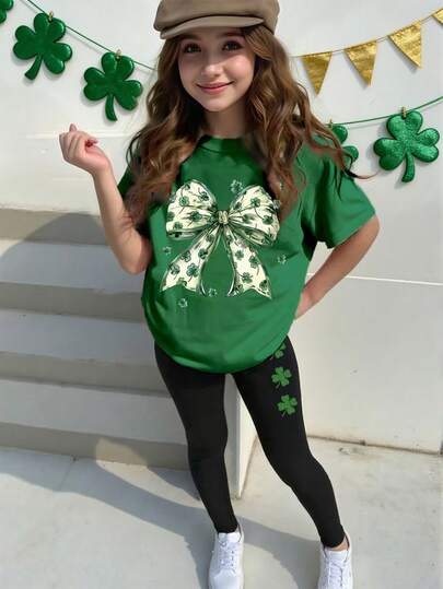 2 Parça/Set Kız Çocuk Günlük Yonca ve Kelebek Baskılı Tişört ve Siyah Tayt Takımı, İlkbahar, Yaz ve Sonbahar İçin Rahat Günlük Giyim