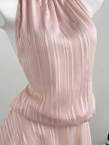 Elamini Sexy Vacation Silver Thread Semi-Sheer Striped Backless Tie Strap Mini Dress - Baby Pink - View 4