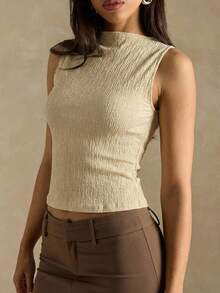 SHEIN BAE Áo tank top ngắn ôm dáng, tối giản, màu trơn, chất liệu vải có họa tiết, dành cho nữ, thích hợp cho kỳ nghỉ hè và đi làm. - Màu be - Xem 7