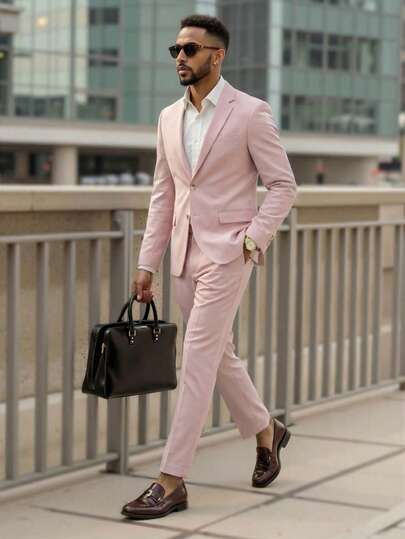 Manfinity Bizformal Men's Solid Color Lapel Neck Single-Breasted Long Sleeve Minimalist Suit Set Champagne Pink Formal For Men Men Pink Two Piece Men Summer Suits