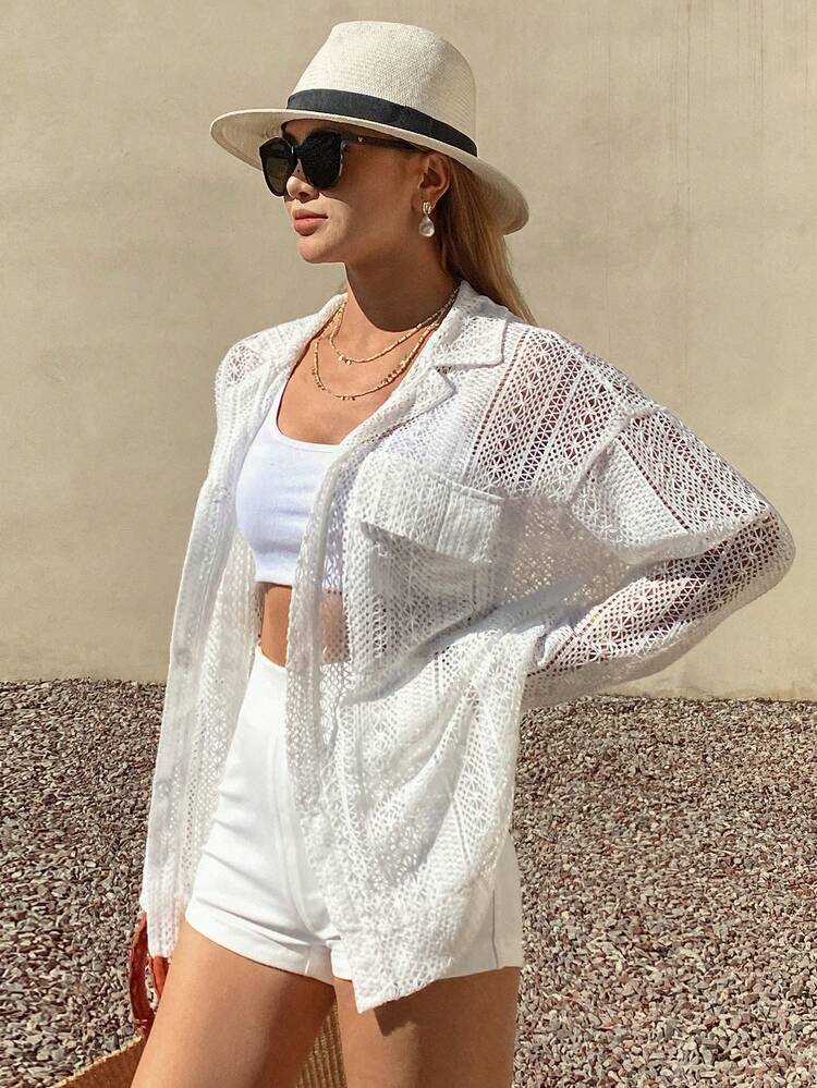 Solid Color Textured Hollow Out Loose Turndown Collar Long Sleeve Casual Vacation Summer Blouse For Women