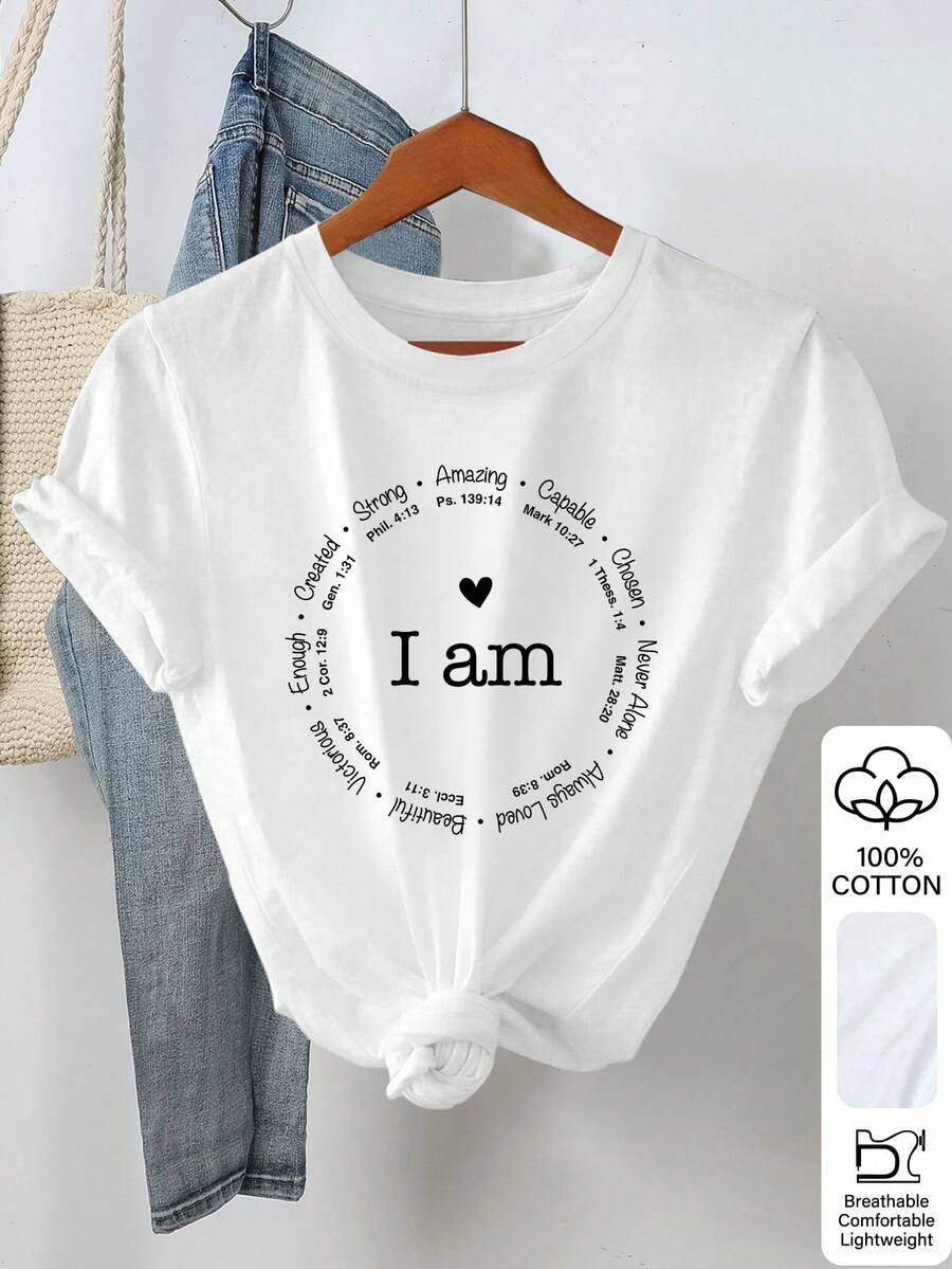 Standard Size Women's Minimalist Printed Round Neck Short Sleeve T-Shirt - White - View 1