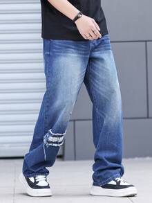 Manfinity Roghcode Jeans rectos casuales y de moda para hombres, con roturas y deshilachados, apropiados para el uso diario - Azul lavado medio - Ver 6