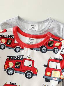 SHEIN 4pcs Snug Fit Baby Boy Cute Casual Home Clothes Set, Knitted Cartoon Pattern Short Sleeve T-Shirt & Elastic Waist Pants Pajamas - Multicolor - View 3