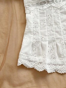 Soleia Women's Vacation Hollow Out Embroidery Contrast Lace Single-Breasted Shirt - White - View 2