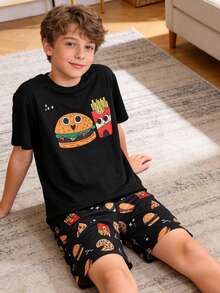 SHEIN 2pcs Tween Boy Casual Minimalist Round Neck Short Sleeve T-Shirt And Hamburger Print Loose Pajama Pants 2 Pieces Sleepwear Set - Multicolor - View 6
