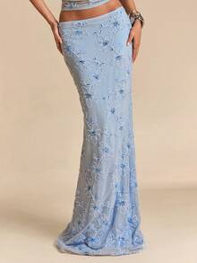 SHEIN BAE 蓝色花卉串珠刺绣低腰鱼尾裙，蓝色半身裙，串珠半身裙，适合度假、约会、日常穿着、婚礼等场合，春夏皆宜。 - 藍色 - 查看 7