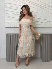 Jemour Women's Mesh Patchwork Polyester Knit Embroidered Off Shoulder Ruffle Minimalist Sexy Summer Dress - Apricot - View 5