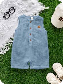 SHEIN 男女宝宝通用款无袖连体衣，白色，适合春夏外出、室内玩耍、休闲，用途广泛，可用于日常穿着、生日派对、节日、晚宴、婚礼、迎婴派对、一周岁生日庆祝等场合。 - 霧霾藍 - 查看 6