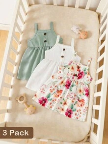 SHEIN Conjunto de 3 piezas de vestido de punto acanalado de unicolor y floral elegante para bebés recién nacidas, adecuado para uso al aire libre - Verde - Ver 3