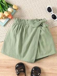SHEIN Tween Girls Green & Light Green Chiffon Woven Asymmetrical Asymmetric Bow Shorts Skirt, Casual Vacation - Green - View 1