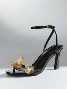 SHUZIA 女士极简时尚舒适圆头花卉装饰细高跟凉鞋 - 黑色 - 查看 4