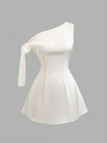 Olithes Women's Ruffle Asymmetrical Shoulder A-Line Mini Dress, Waist Cinched, Sexy French Fashion - Beige - View 1