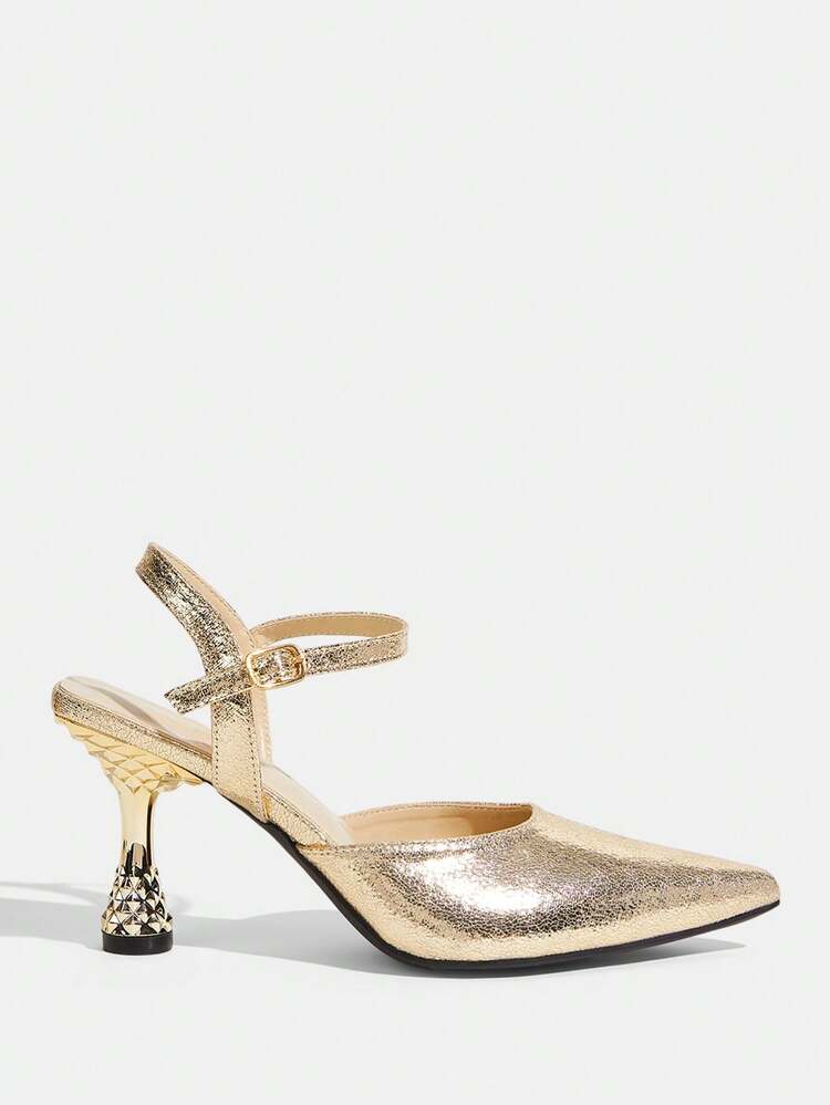 CUCCOO TILAWA Women Shoes Pointed Heel Wine Glass And Gold Simple Back Strap Women's Slingback Shoes Stylish Gorgeous Party Banquet Sexy Women's High Heel Sandals Women's Shoes