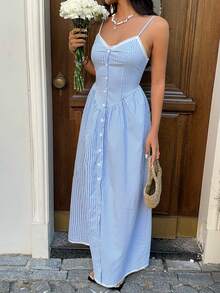 Sunnyshic Women's Blue Plaid Spaghetti Strap A-Line Maxi Dress, Fashion Versatile Basic Preppy Sweet Casual Vacation Elegant Spring Summer Back To School - Blue - View 7