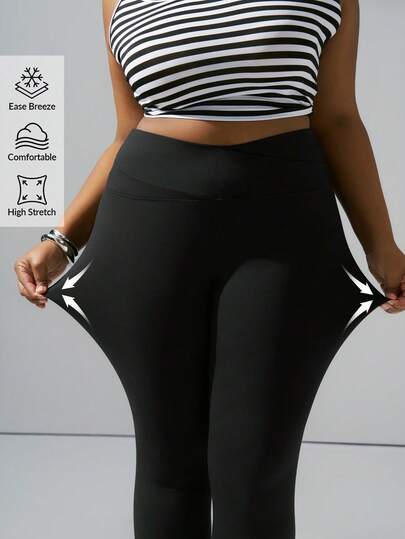 Hourglow Plus Size Solid Color Minimalist High Stretch Leggings, Everyday Wear, For Hourglass Body Shape