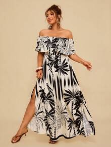 Travachic Plus Size Bohemian Paisley Print Off Shoulder Ruffle Hem Maxi Dress, Casual Holiday Style For Women, Autumn Off The Shoulder Maxi Dress Long Vacation Dress Havana Nights Outfit Plus Size Resort Wear, Summer Dresses - Black and White - View 3