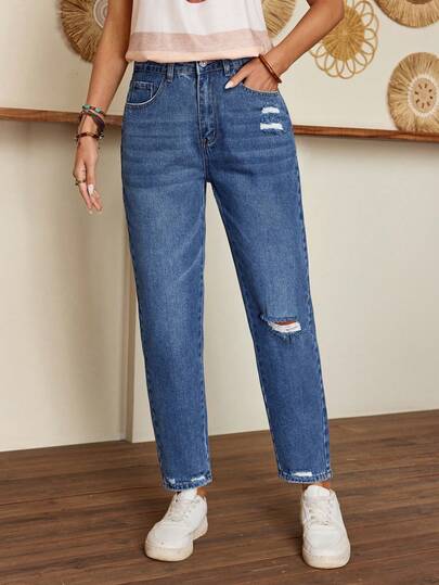 EMERY ROSE 高腰破洞磨損邊媽媽牛仔褲