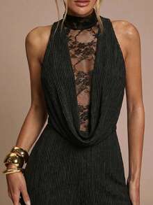 SHEIN BAE Bộ jumpsuit nữ thanh lịch phối ren, cổ khoét sâu, eo thon, ống đứng. - màu đen - Xem 7