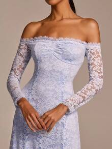 COSMINA Women's Elegant Lace Patchwork Ruched Off Shoulder Long Sleeve Maxi Dress,Light Blue Autumn Tropical Cocktail Formal Wedding Party Baby Blue Gown - Baby Blue - View 5