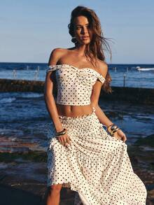 Opulessa 春夏度假针织波点印花露肩修身上衣和低腰半裙两件套女装 - 杏色 - 查看 5