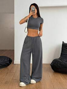 SHEIN PETITE 女款純色圓領短袖短版上衣與抽繩腰寬腿褲休閒兩件套，適合嬌小女性 - 深灰色 - 查看 5