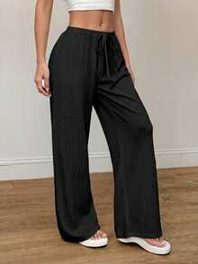 SHEIN PETITE Women's Summer New Knit Texture Casual Pants, Suitable For Vacation Wear, Autumn/Winter Casual Home - Black - View 7