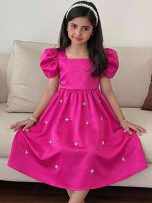 Tween Girl Elegant Square Neck Gigot Sleeve Pearl Decor Dress - Hot Pink - View 2