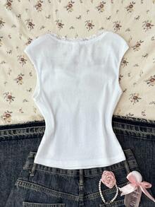 SHEIN 少女白色提花针织褶皱胸部甜美女孩校园休闲修身T恤 - 白色 - 查看 2