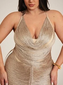 SHEIN BAE Áo croptop nữ cỡ lớn màu trơn gợi cảm cổ yếm chéo tua rua, áo croptop hở lưng tua rua bạc lấp lánh, thích hợp cho câu lạc bộ, tiệc tùng, phong cách đường phố, thời trang, kỳ nghỉ hè, kỳ nghỉ xuân, lễ hội Carnival 2026, trang phục Carnival, áo đi chơi, áo tua rua gợi cảm, lễ hội âm nhạc, lễ Phục sinh, kỳ nghỉ biển, mùa hè, đồ đi biển, sinh nhật, tiệc vàng. - Vàng - Xem 7
