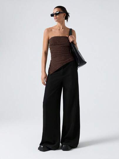 SHEIN EZwear Brown Knit Striped Women's Asymmetric Hem Cropped Camisole Top Strapless Top Pinstripe Top Wide Leg Pant Striped Top Dark Brown Top Asymmetrical Top