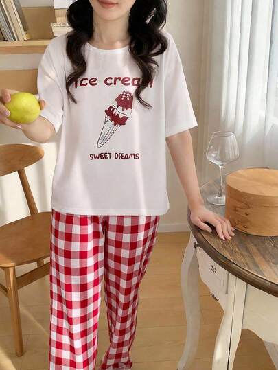 2件套少女休闲可爱冰淇淋印花短袖上衣和时尚宽松红色格子裤睡衣套装