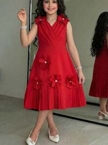 SHEIN Tween Girl Elegant 3D Floral Pleated Full Skirt Cinched Waist Sleeveless Beaded Woven Dress Red Tween Girl - Red - View 5