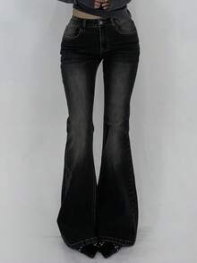 DAZY Quần jeans ống loe nữ, kiểu dáng thường ngày, chất liệu denim, có túi xéo. - màu đen - Xem 3