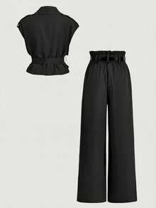 MOD Conjunto de chaleco y pantalones casuales para mujer - Negro - Ver 2