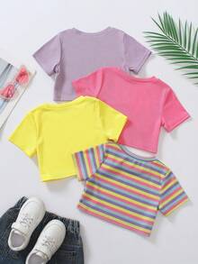SHEIN Genkimix Kids 4件装女童露脐短袖T恤，亮黄色/浅紫色/条纹/粉色可选，搭配高腰裤，打造青春活力造型，适合日常休闲穿着、户外活动、夏季聚会、返校季等场合。 - 彩色 - 查看 2