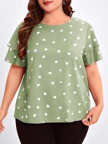 Reflora Plus Size Round Neck Short Sleeve Ruffle Hem Heart Print Loose Blouse, Summer - Mint Green - View 6