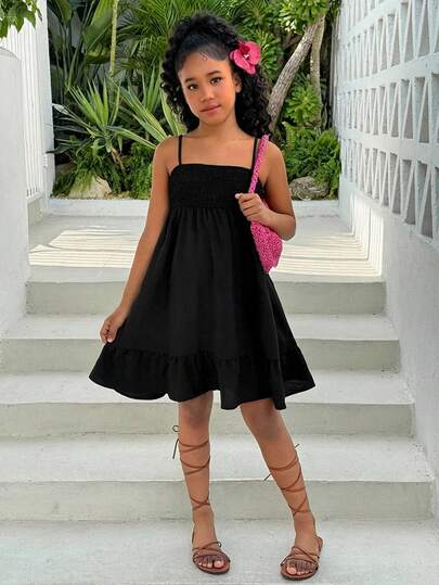 Tween Girls Black Textured Camisole Princess Dress, Casual, Fashionable, Versatile, Suitable For Party, Outing, Sister Photo Shoot, Park, Camping, Vacation, Daily Leisure