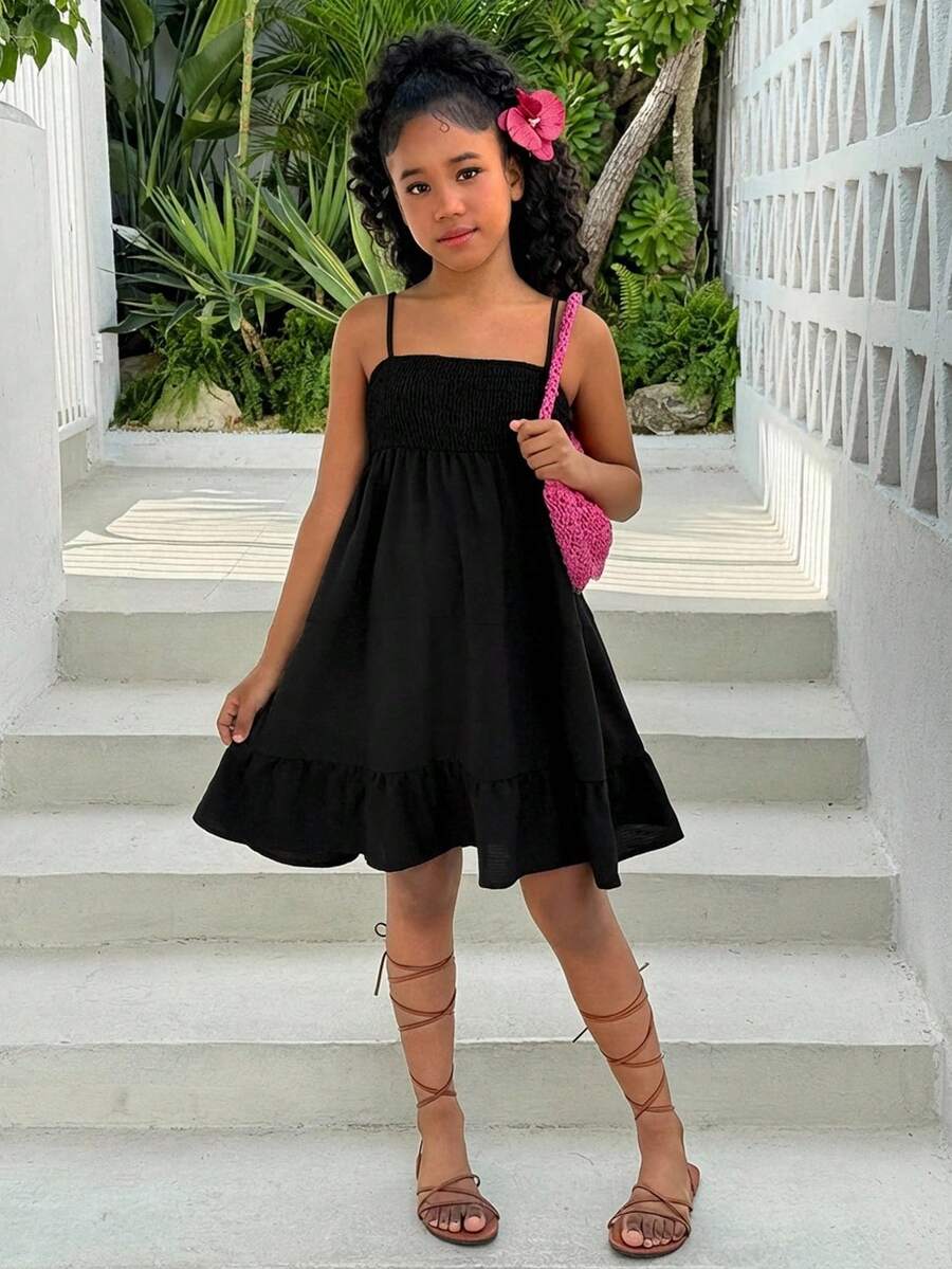 Tween Girls Black Textured Camisole Princess Dress, Casual, Fashionable, Versatile, Suitable For Party, Outing, Sister Photo Shoot, Park, Camping, Vacation, Daily Leisure - Black - View 1